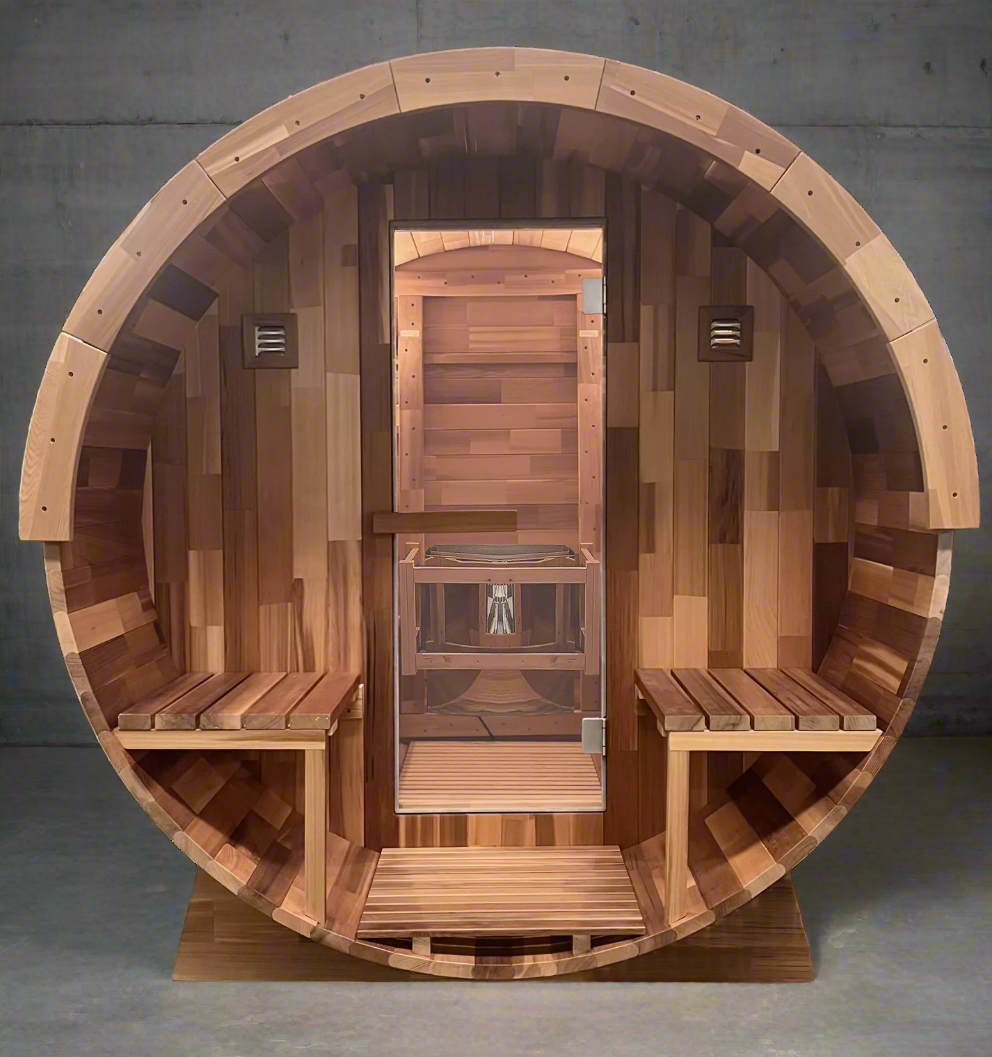 Outdoor Cedar Barrel Sauna with Porch - Rejuvenex