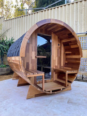 OUTDOOR CEDAR 6 PERSON TRADITIONAL BARREL SAUNA WITH PORCH Rejuvenex