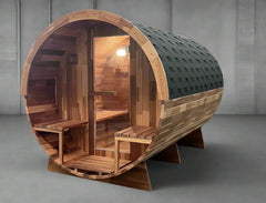 OUTDOOR CEDAR 6 PERSON TRADITIONAL BARREL SAUNA WITH PORCH Rejuvenex