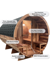 OUTDOOR CEDAR 6 PERSON TRADITIONAL BARREL SAUNA WITH PORCH Rejuvenex Spas