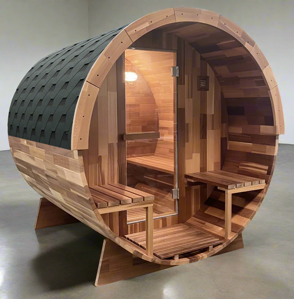 Outdoor Cedar Barrel Sauna with Porch - Rejuvenex