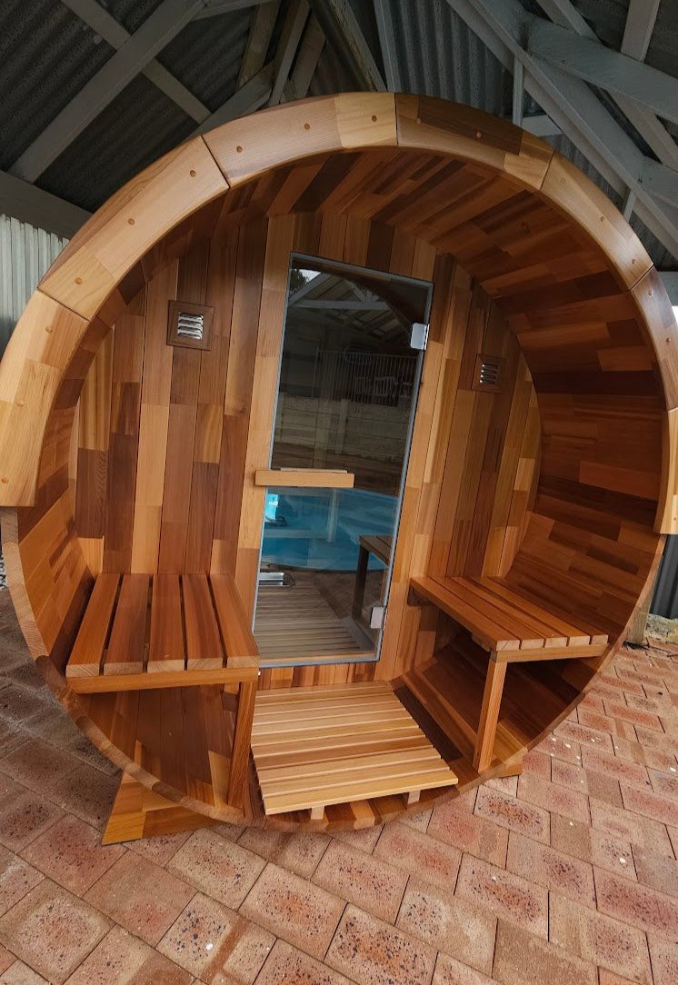 Outdoor Cedar Barrel Sauna with Porch - Rejuvenex