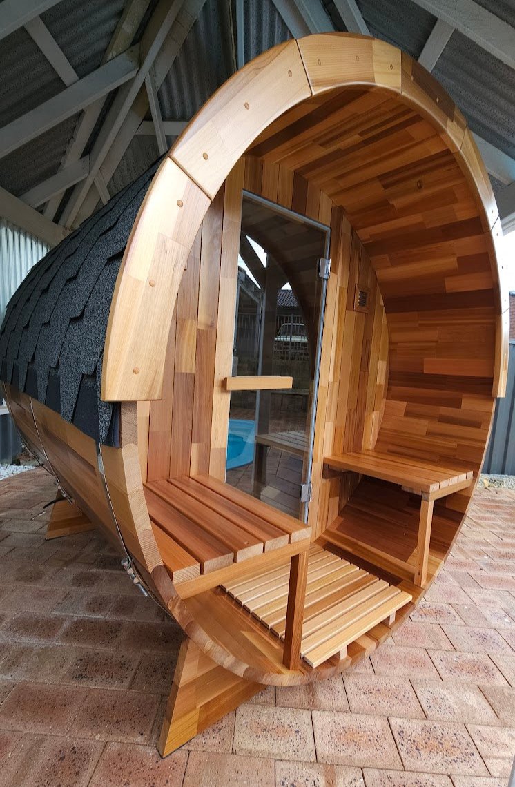 Outdoor Cedar Barrel Sauna with Porch - Rejuvenex