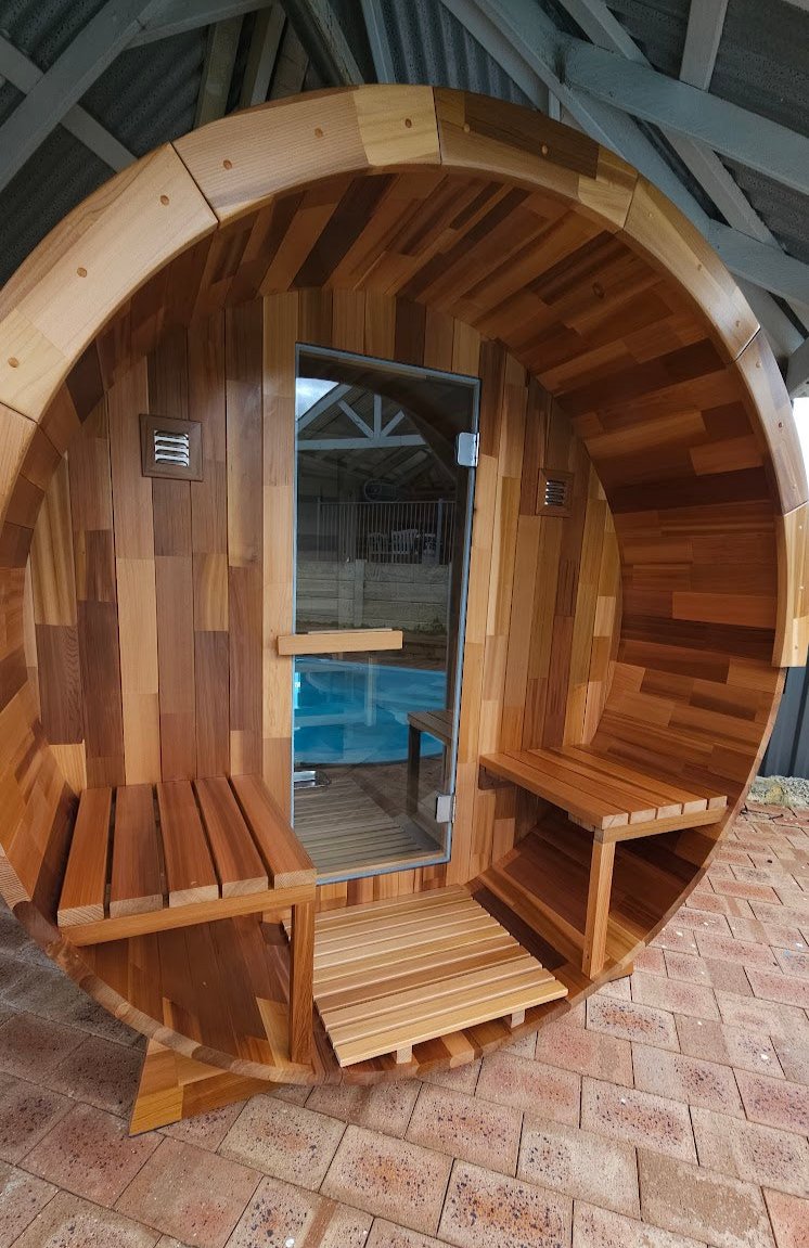 Outdoor Cedar Barrel Sauna with Porch - Rejuvenex