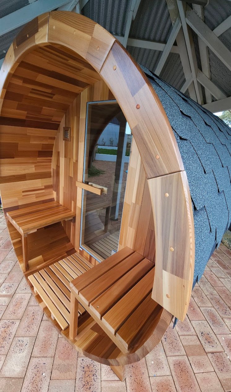 Outdoor Cedar Barrel Sauna with Porch - Rejuvenex