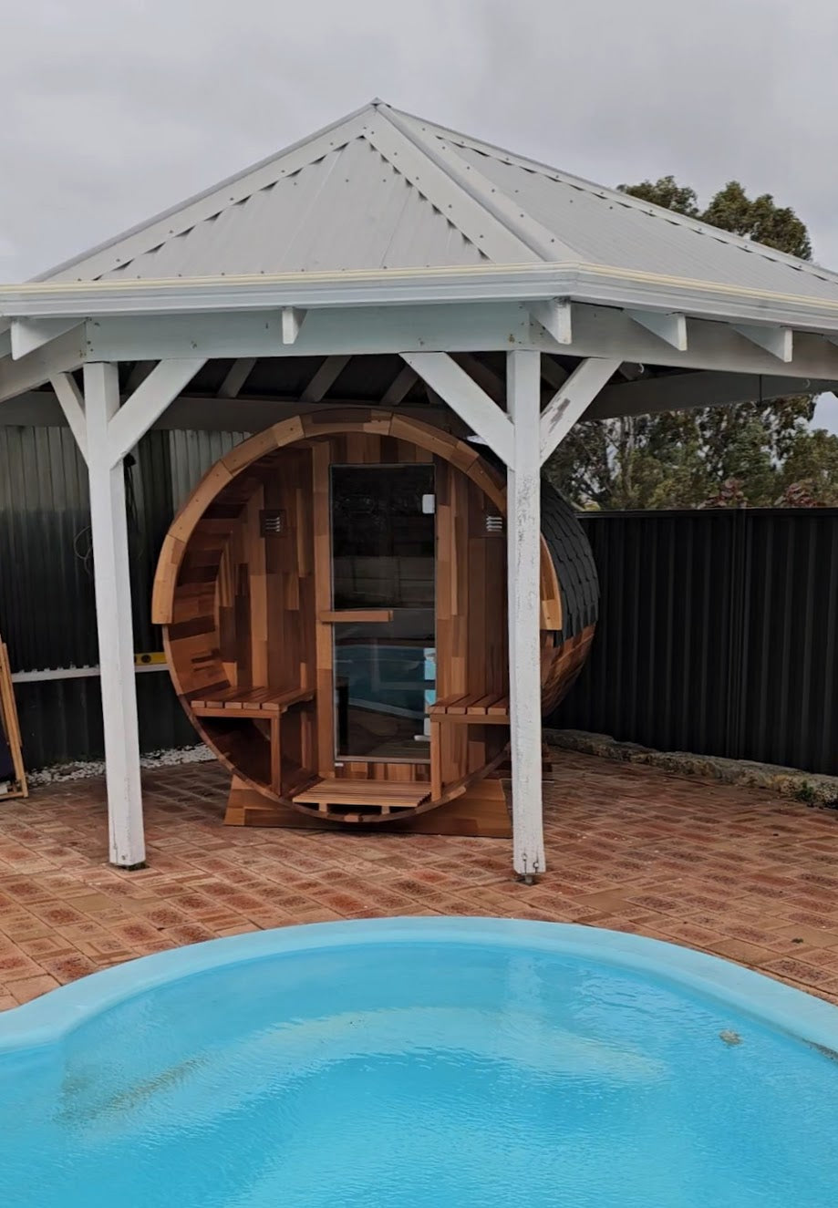 Outdoor Cedar Barrel Sauna with Porch - Rejuvenex