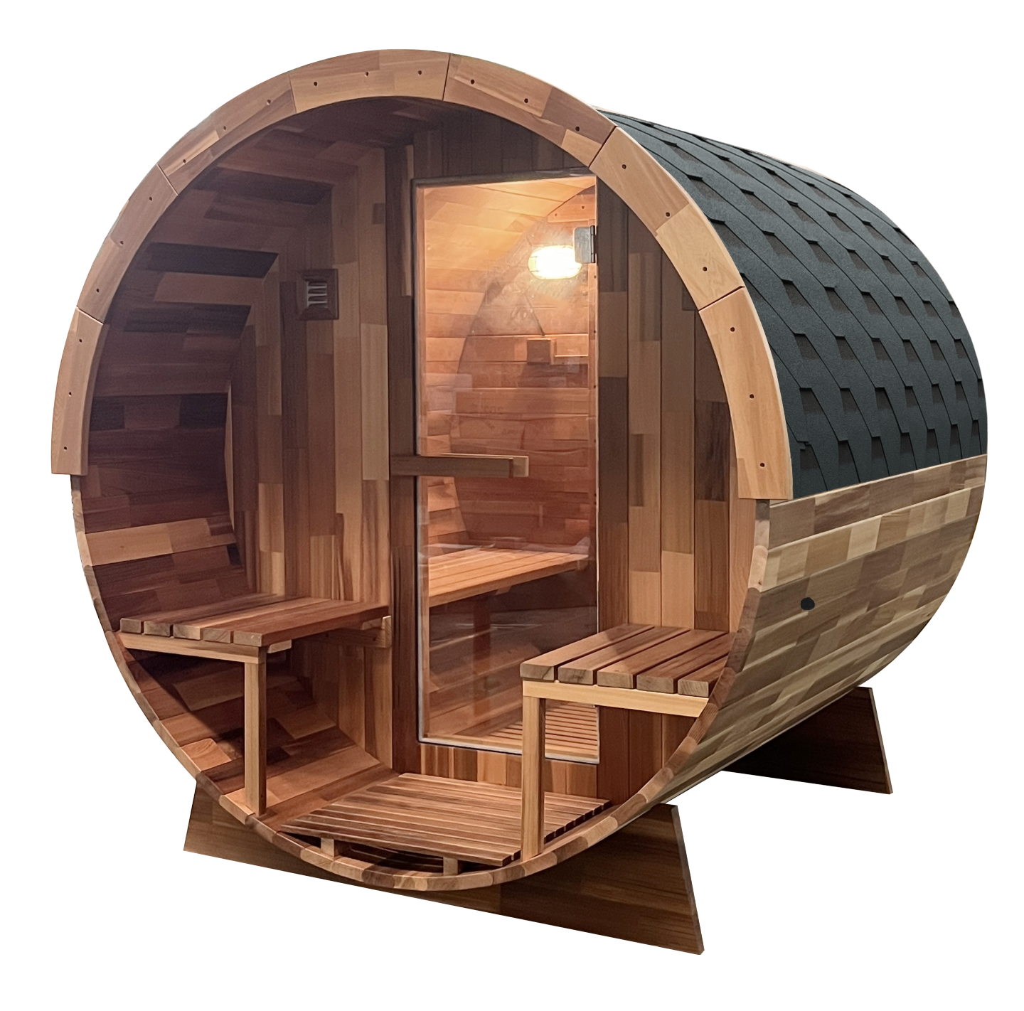 Outdoor Cedar Barrel Sauna with Porch - Rejuvenex