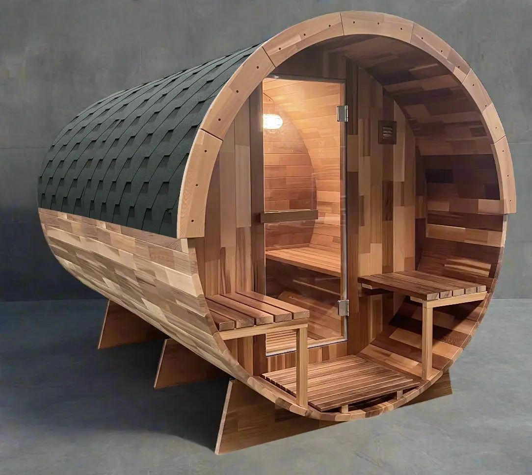 OUTDOOR CEDAR 6 PERSON TRADITIONAL BARREL SAUNA WITH PORCH Rejuvenex