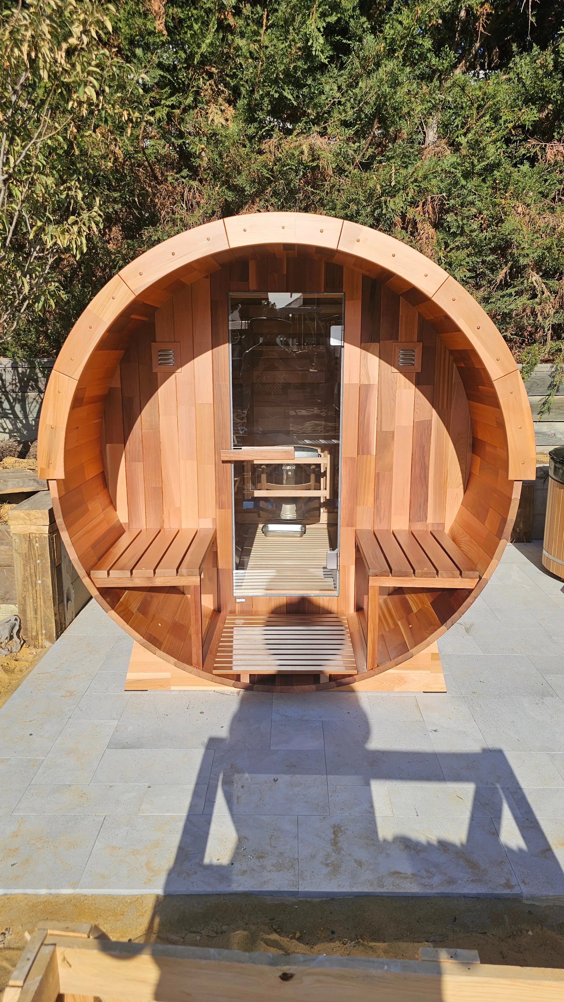 OUTDOOR CEDAR 6 PERSON TRADITIONAL BARREL SAUNA WITH PORCH Rejuvenex