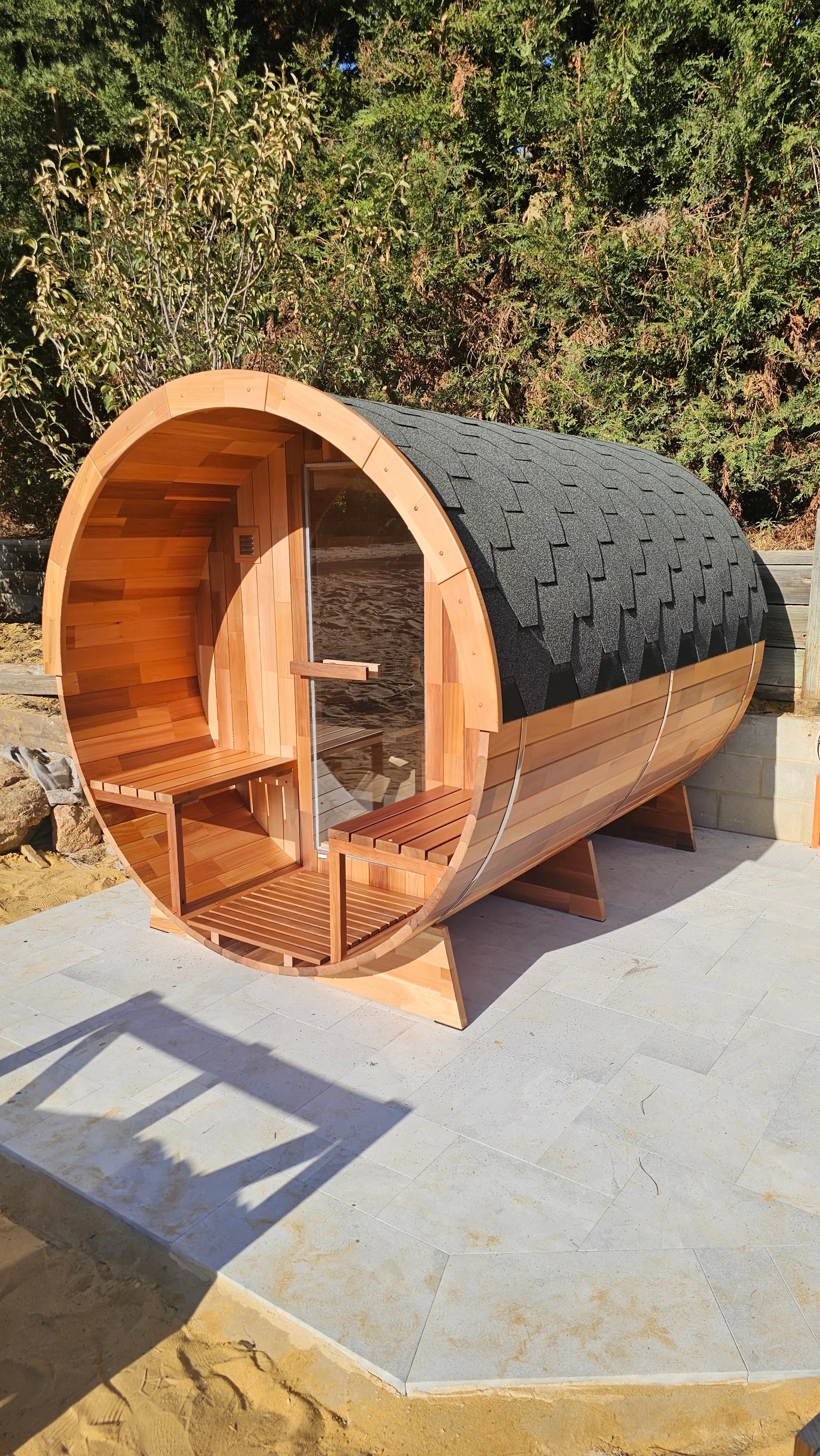 OUTDOOR CEDAR 6 PERSON TRADITIONAL BARREL SAUNA WITH PORCH Rejuvenex